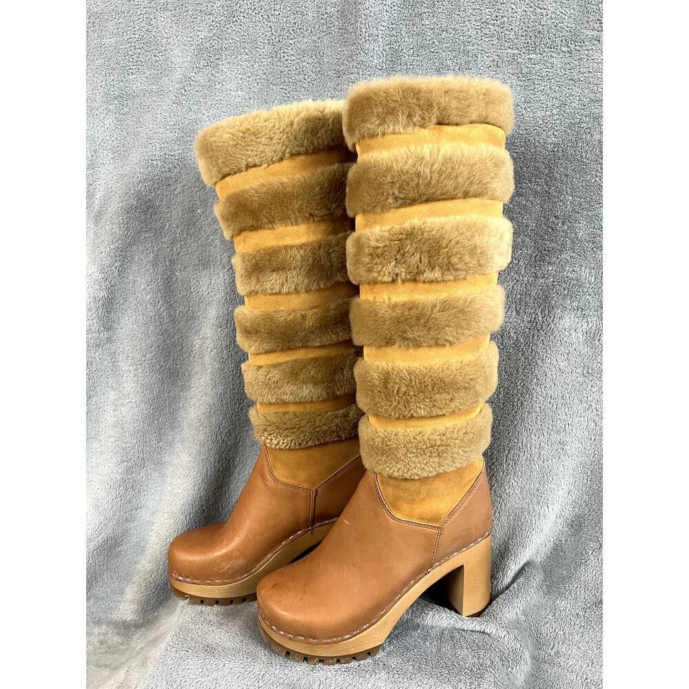 Swedish Hasbeens Romanian Knee Boot Womens 6.5 Fur Leather Hippie Retro - Picture 3 of 10